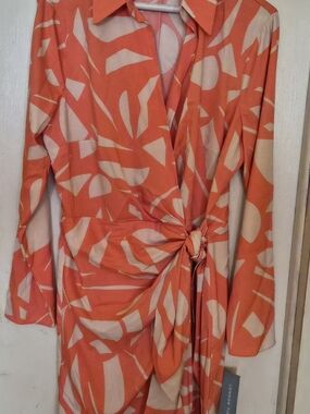 London Times Coral and Cream Abstract Asymmetrical Wrap Dress